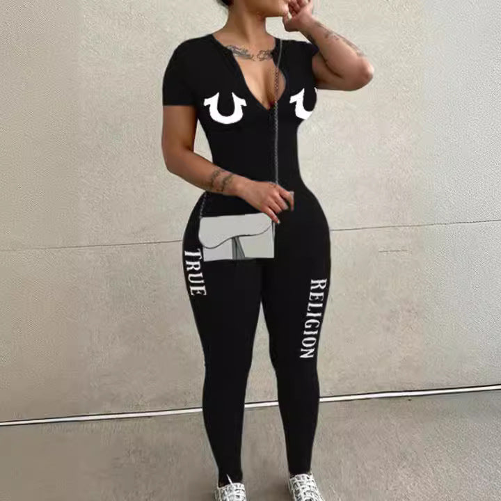 Fashion Women's Letter Print Short Sleeve Zipper Slim Fit Jumpsuit 4