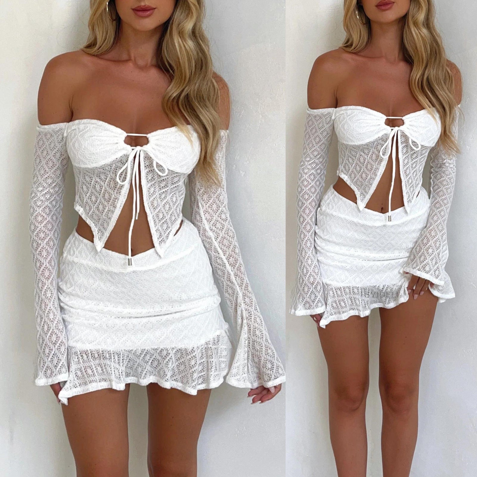 Summer Women Sexy Off Shoulder Long Sleeve Lace-Up Sexy Irregular Top and Short Skirt Two-piece Set 3