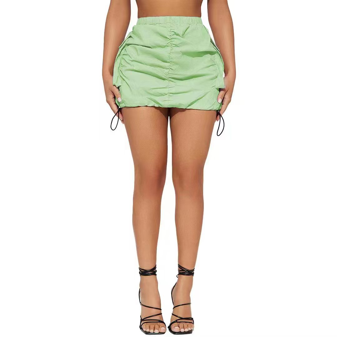 Women Solid Pleated Elastic Spring Buckle Sports Organ Pocket Mini Skirt 28