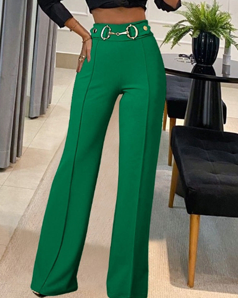 Spring and autumn Casual solid color high waist metal decoration straight trousers 4