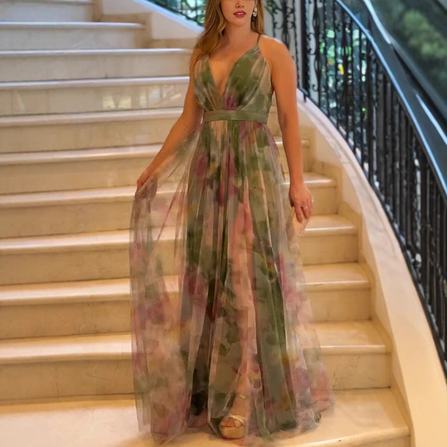 Spring/Summer Print Mesh Strap Casual Maxi Dress for Women 4