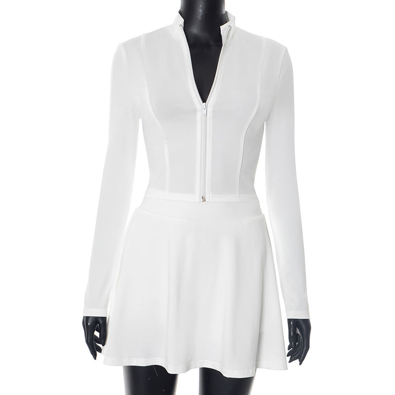 Women's Stand Collar Long Sleeve Slim-Fit Zip-Up Cropped Top & Short Skirt Two-Piece Set 5