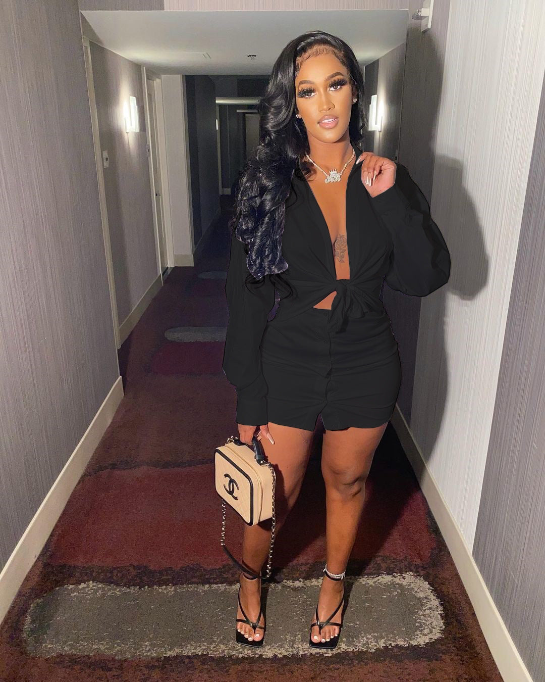 Women Casual Solid Shirt and Skirt Two-Piece Set 11