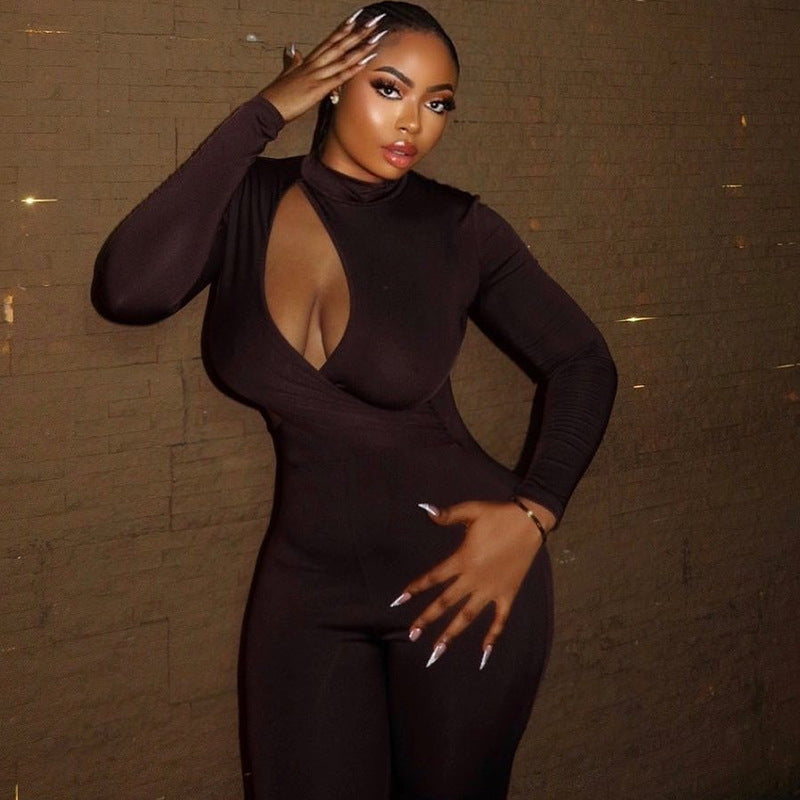 fashionable women's clothing solid color long sleeve hollow Tight Fitting jumpsuit 5