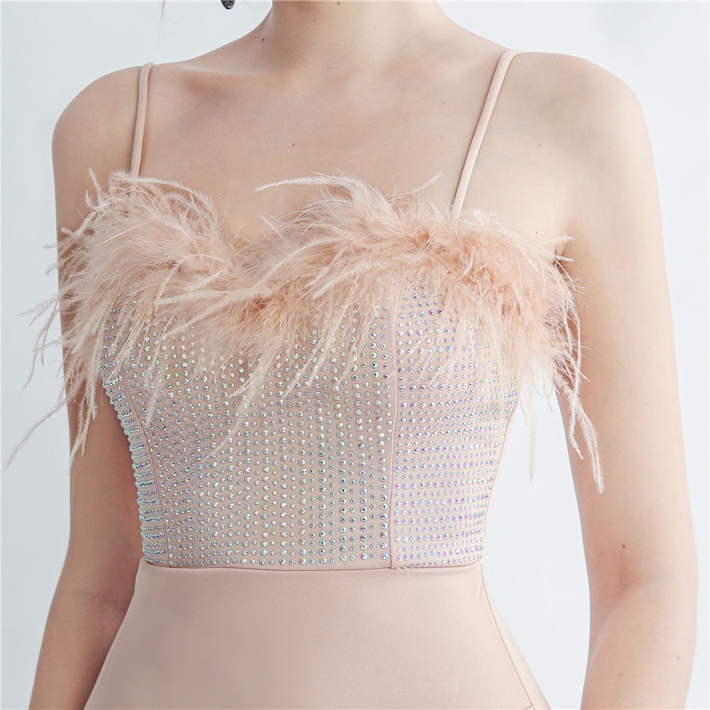 Feather Beaded straps Side Slit formal party Evening Dress 16