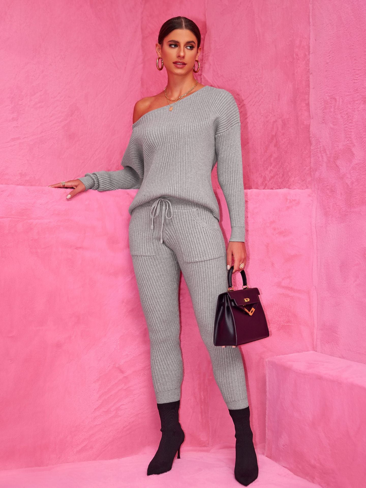 Autumn Winter Round Neck Long Sleeve Sweater Woolen Trousers Two Piece Set 4