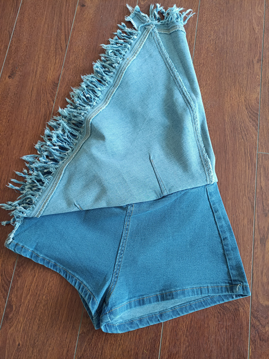 Women Denim Stretch Diagonal Apron Fringed Shorts 14