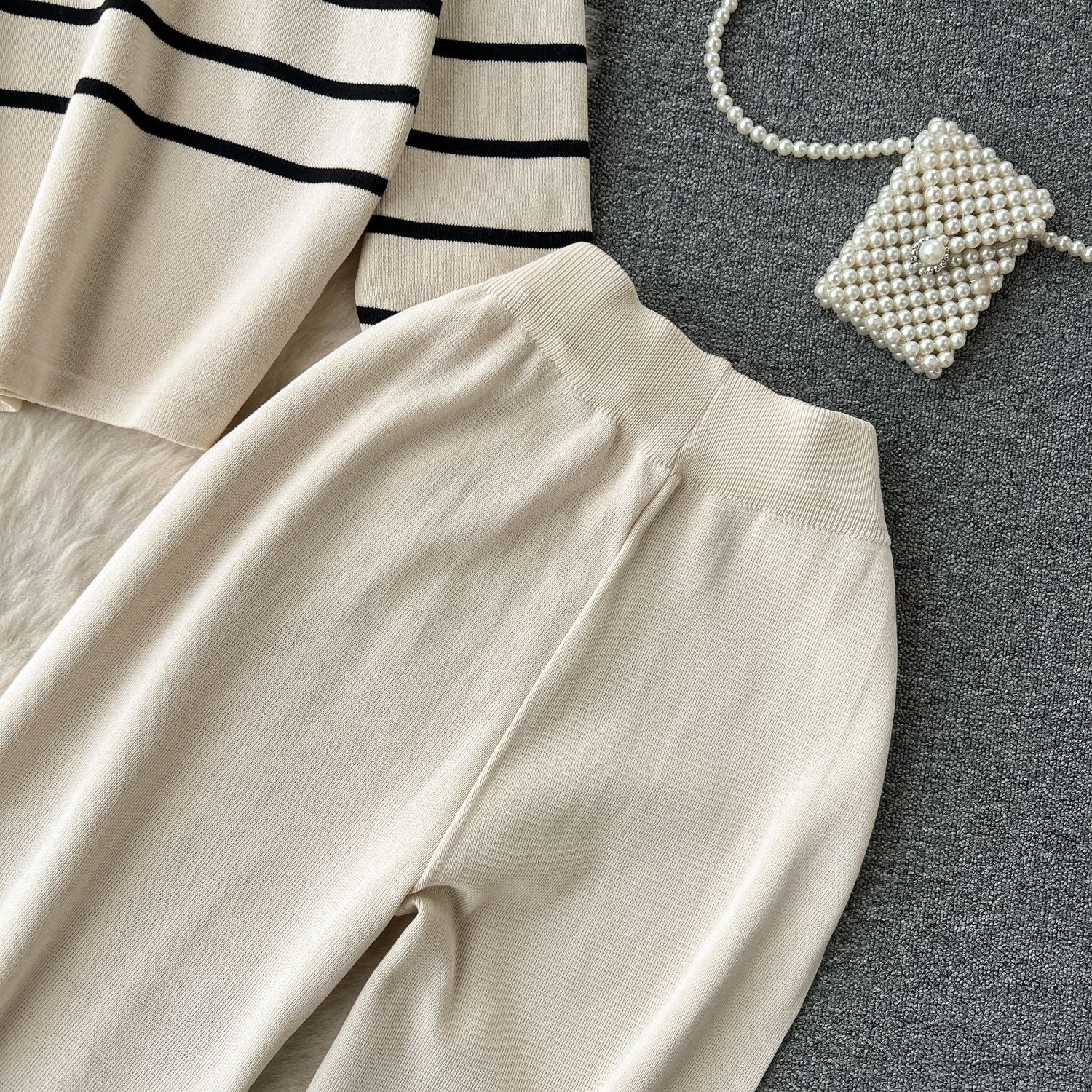 Women Casual V Neck Striped Knitting Top and Pants Two-piece Set 22