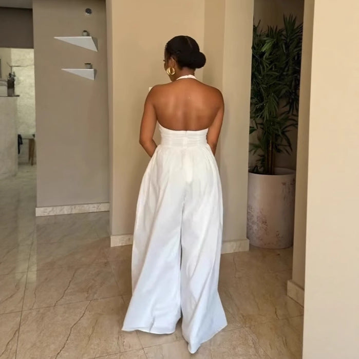 Elegant Halter Neck V-Neck Low-Back Solid Color Wide-Leg Jumpsuit 5