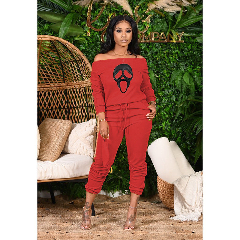 Women's Ribbed Loose Off Shoulder Casual Skull Print Two-Piece Pants Set 3