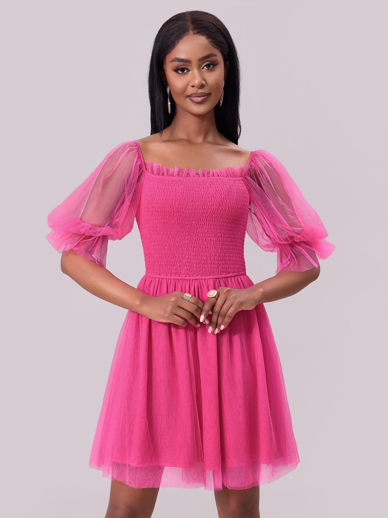 Women Formal Dress Off Shoulder Long Sleeve Pleated Mesh Dress 6