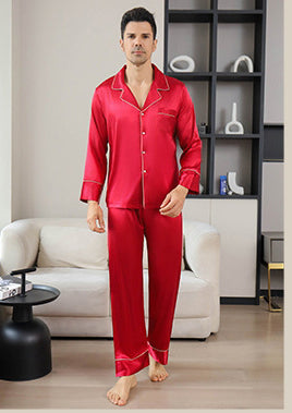 Ice Silk Couple's Pajamas Set Long Sleeve Nightwear for Men & Women 6