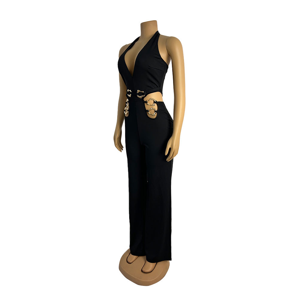 Women V Neck hollow metal buckle jumpsuit 8