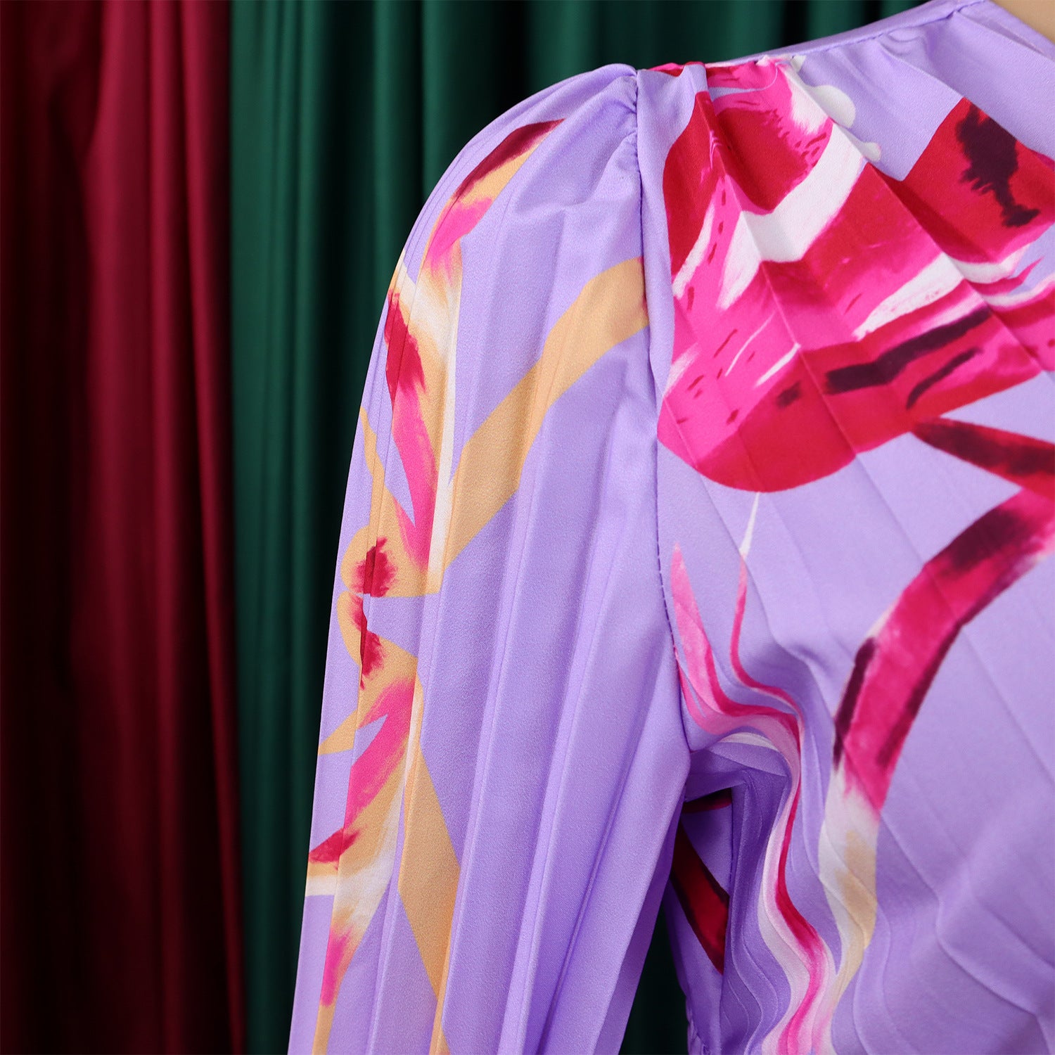 Women's V-Neck Long Sleeve Printed Pleated Chic Long Dress 15