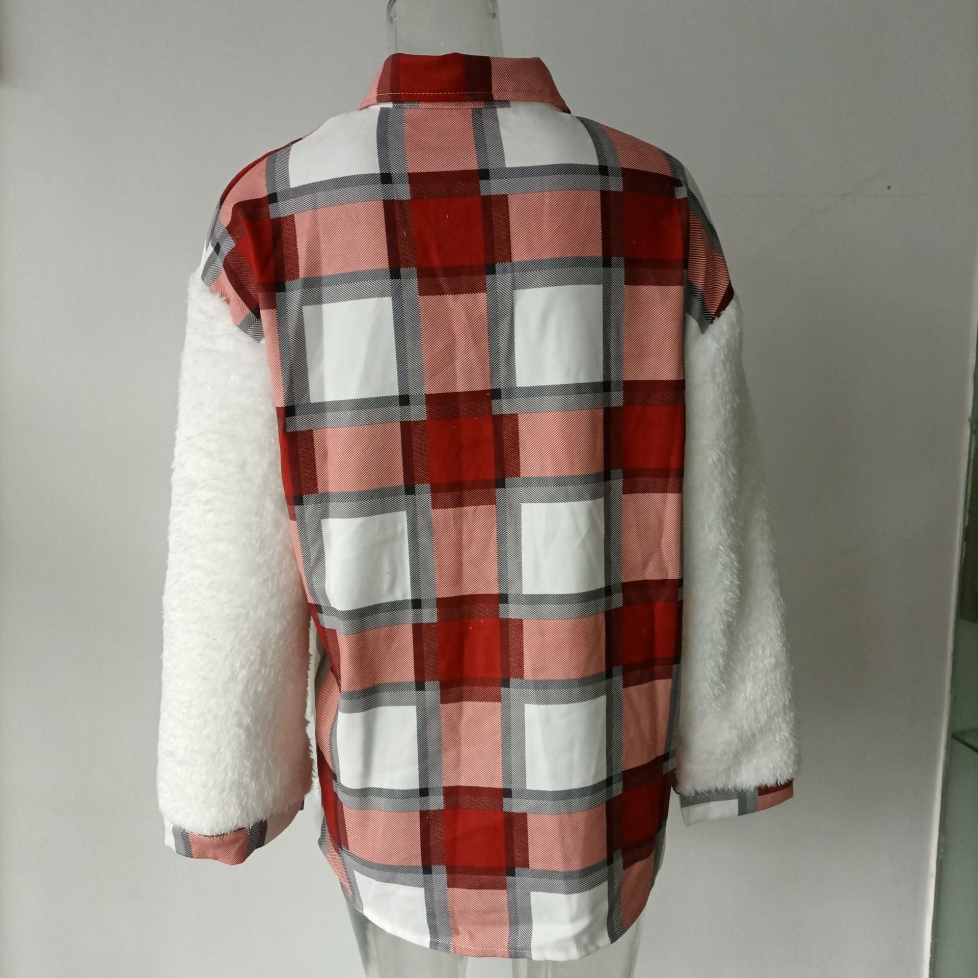 Women Turndown Collar Leopard Plaid Print Furry Patchwork Contrast Warm Long Sleeve Shirt 21