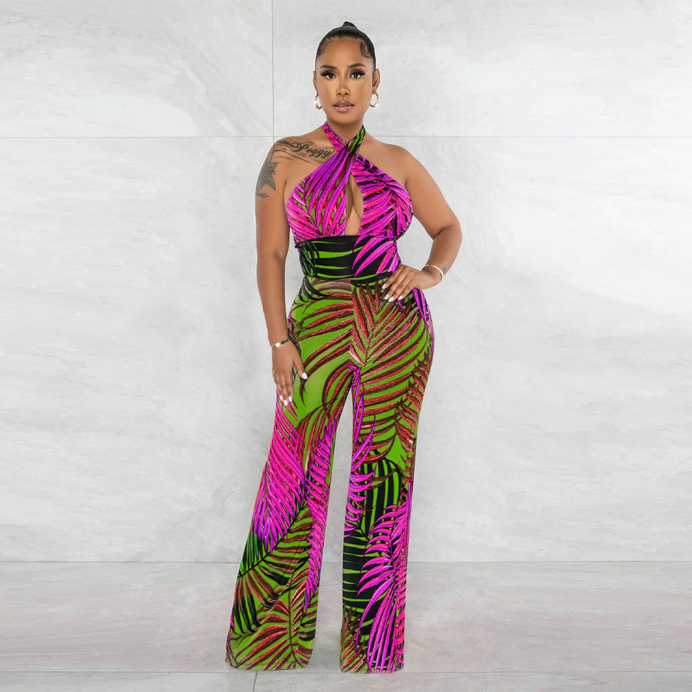 Women Sexy Backless Lace-Up Print Sleeveless Jumpsuit