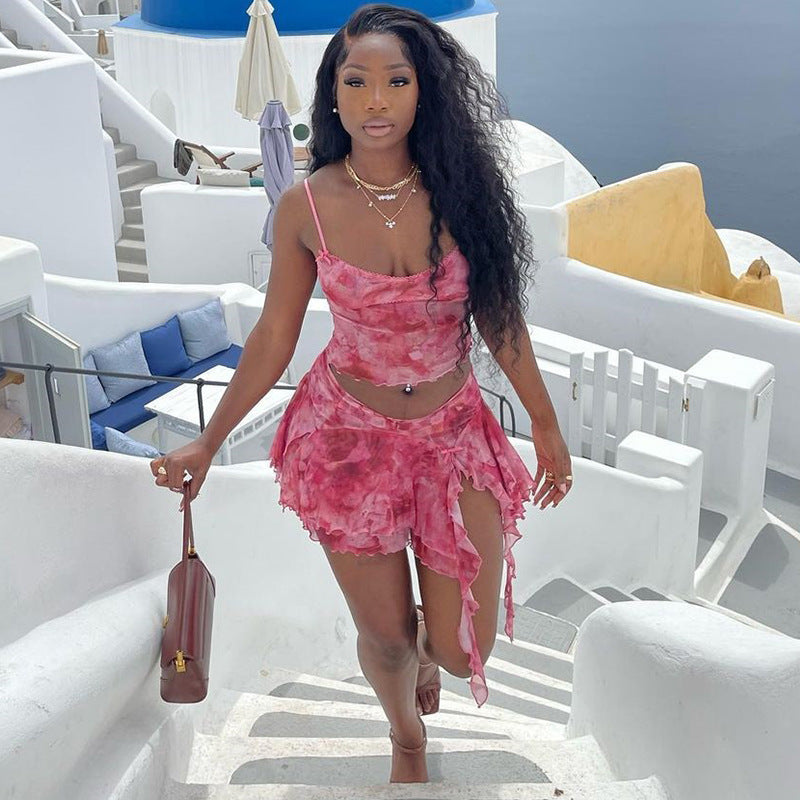 Women Mesh Printed Sexy Tank Top Slit Short Skirt Two-Piece Set 5