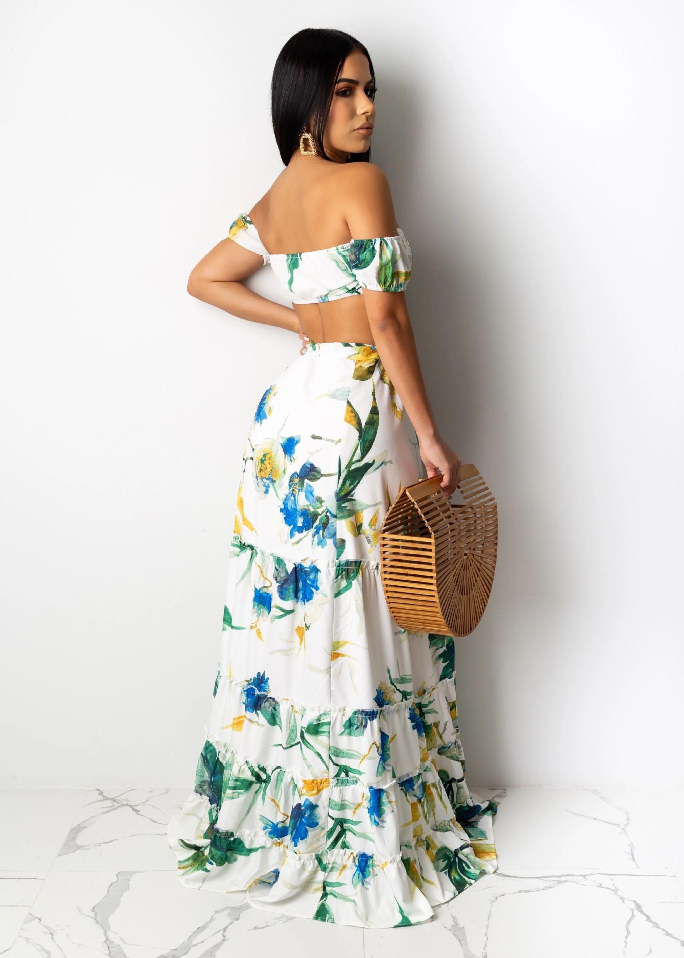 Women summer printed short-sleeved crop Top and slit Skirt sexy two-piece set 15