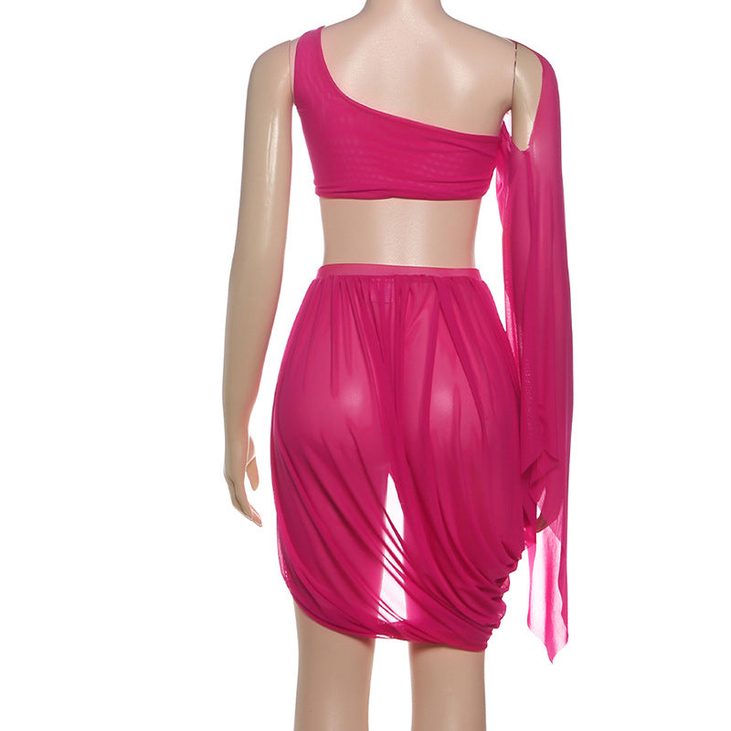 Women Fall Mesh Sexy One-Sided Long-Sleeve Crop Top with Pleated Slit Skirt Two-Piece Set 10