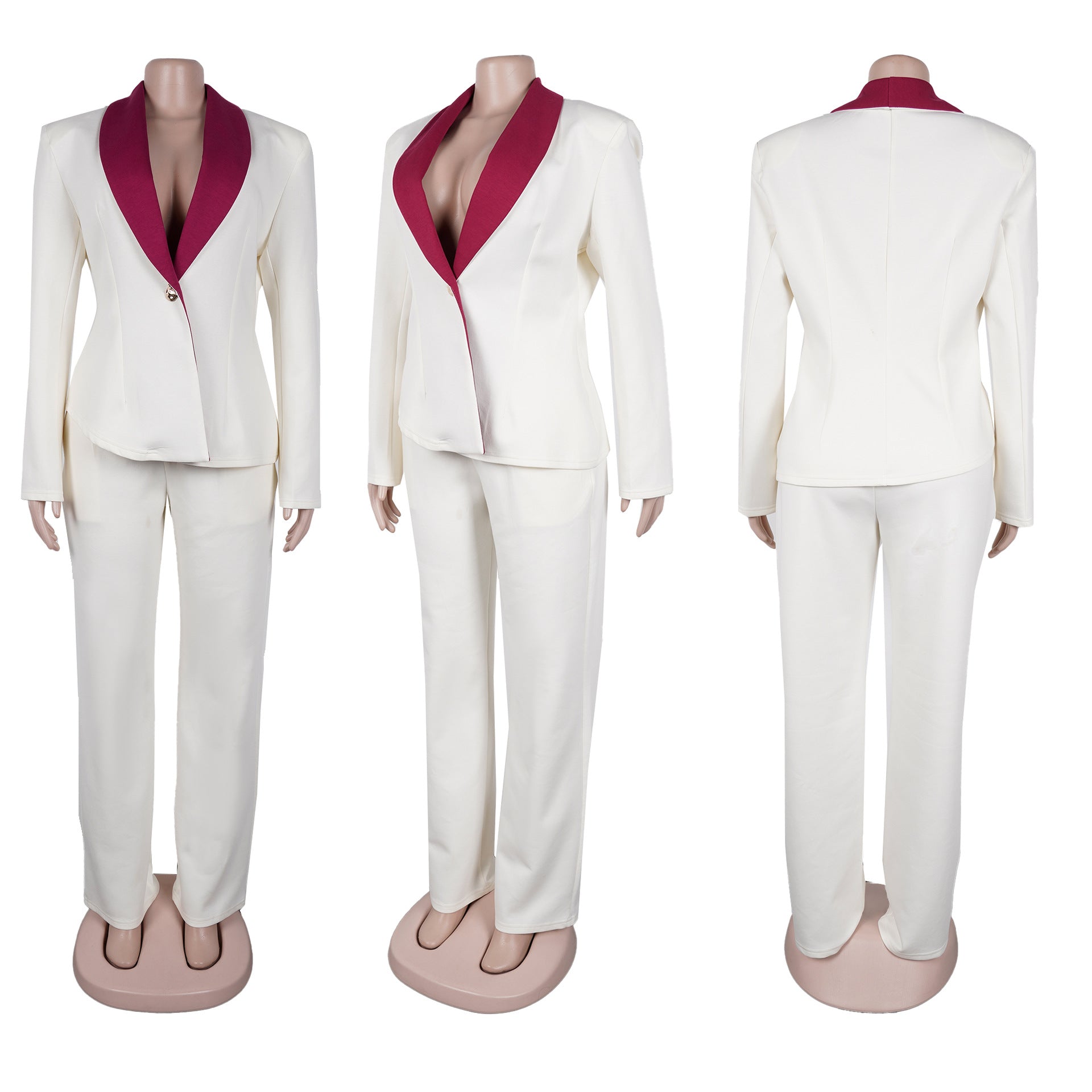Women's Elegant Career Color-Blocking Turndown Collar Casual Suit Two-Piece Set 25