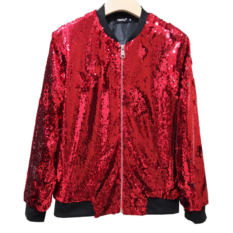 Casual Women's Fall Outer Coat Plus Size Loose Sequin Baseball Jacket 17