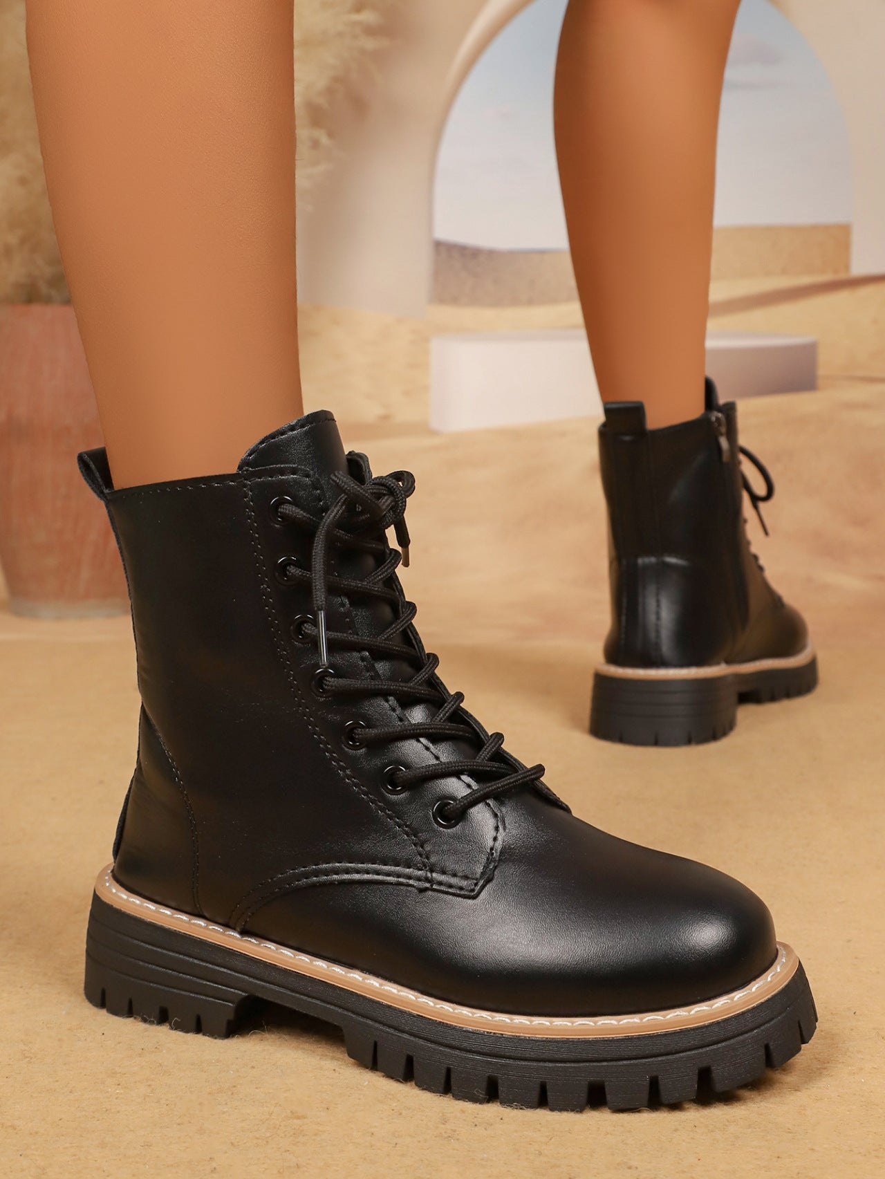 Women's Platform Martin Boots Autumn Winter Front Lace-Up Black Plus Size Height-Increasing Leather Boots 14