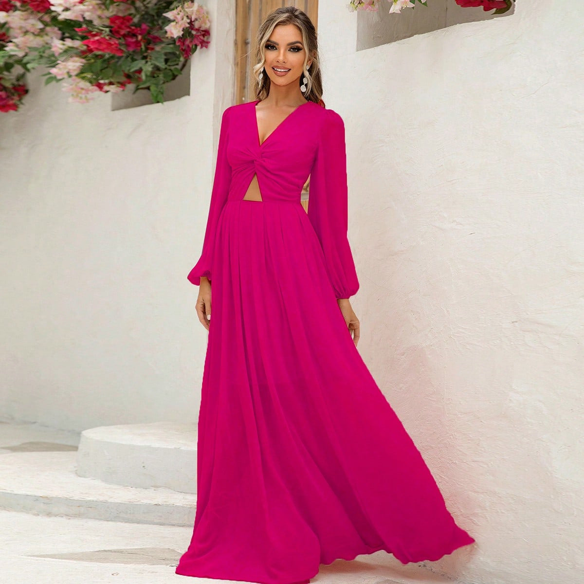 Women's Knot Cutout Balloon Sleeve Long Dress 11