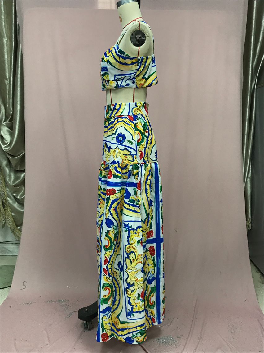 Women Sexy Chic Suspender Printed Top And Beach Skirt Two-Piece 21