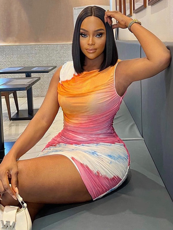 Fashion Printed Round Neck Sleeveless Mesh Patchwork Bodycon Casual Trendy Women's Dress 5