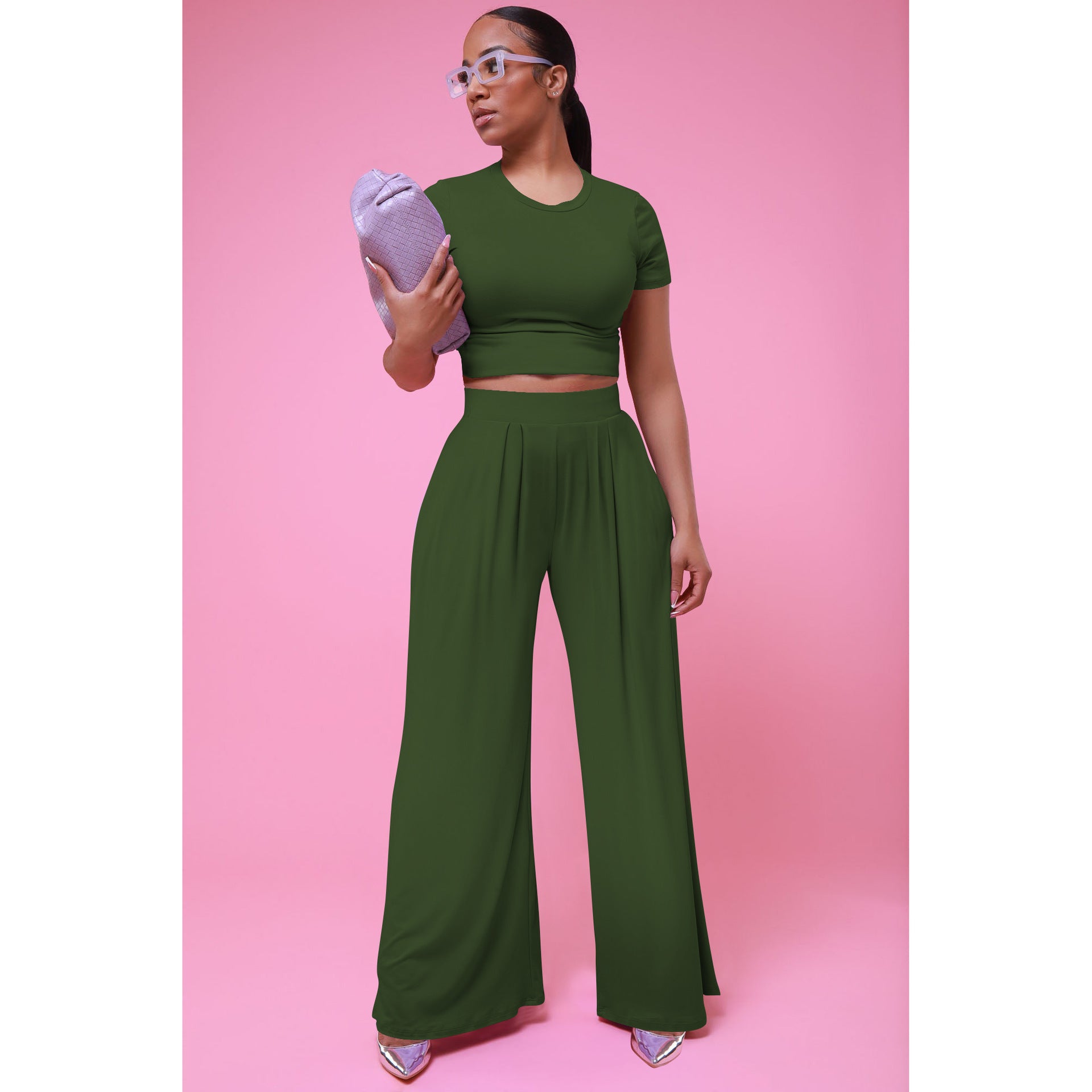 Women's Clothes Summer Fashionable Solid Color Wide Leg Two-Piece Pants Set 8