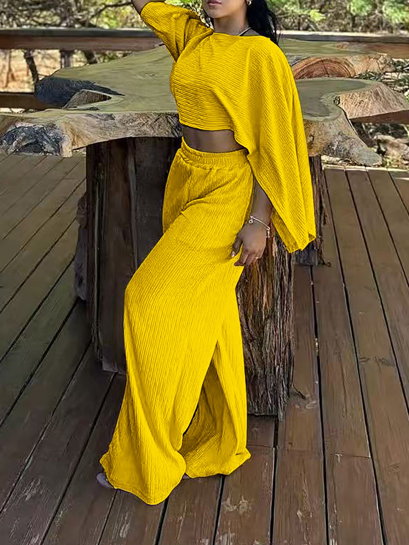 Women's Fashion Sexy Beach Holidays Solid Slash Shoulder Irregular Top with Elastic Waist Pockets Long Pants Set 10