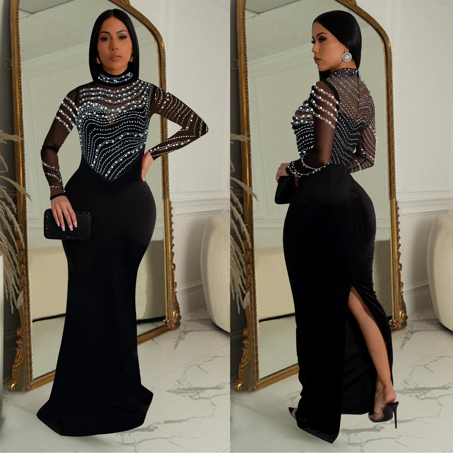 Fashionable women's solid color Beaded long dress 3