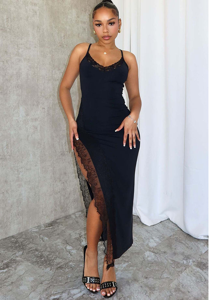 Sexy Low Back Lace Trim Patchwork Strap Long Slit Dress