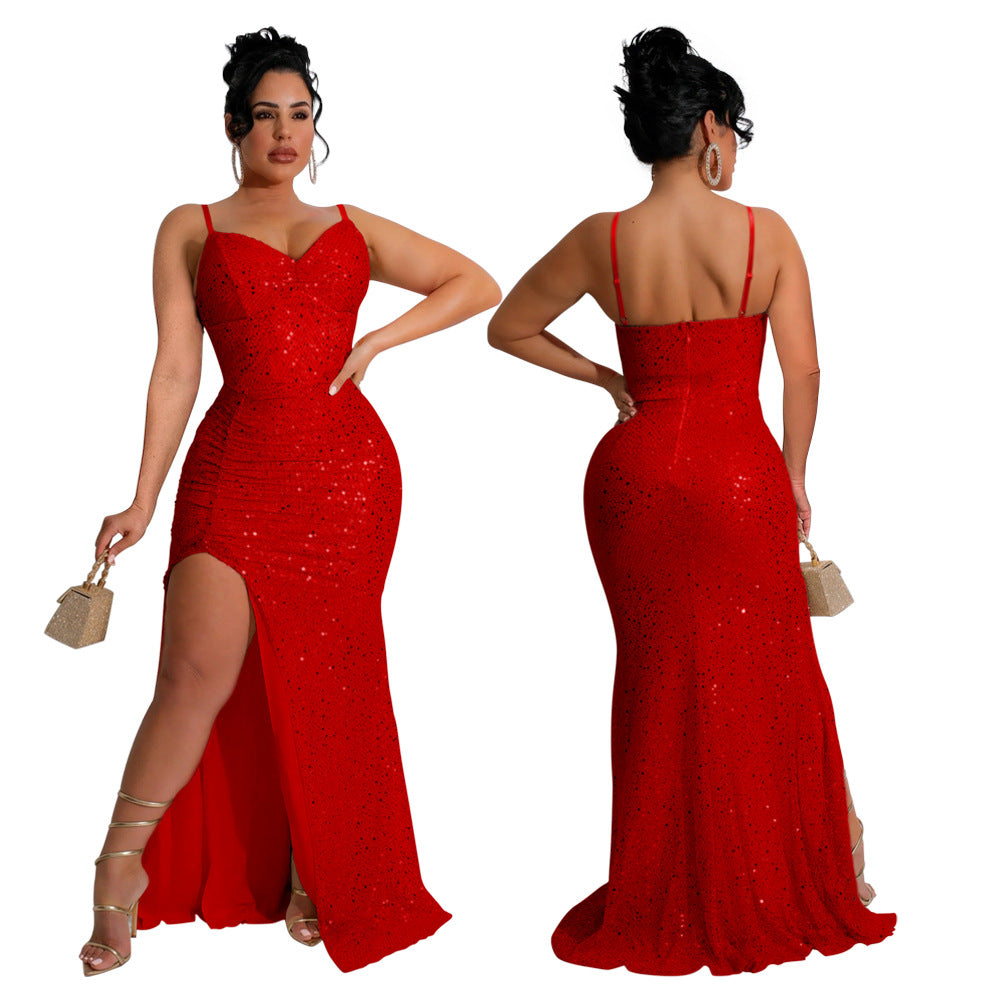 Women Sequined Strap Formal Party Sexy Ball Dress 7