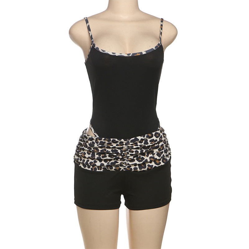 Spring Summer Women's sexy straps leopard print Tight Fitting bodysuit shorts set 6