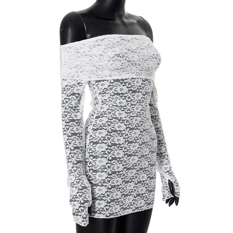 Sexy Lace Hollow Off Shoulder Long Sleeve Dress 17