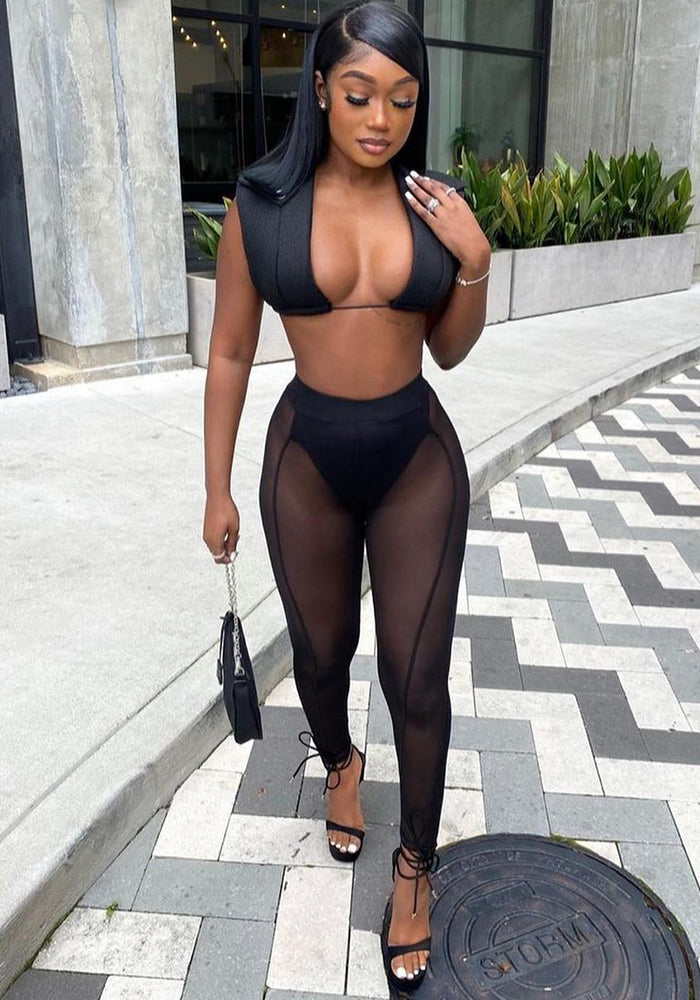 Women 's Mesh See-Through Hollow Vest Mid-Waist Sexy Pants Two Piece Set