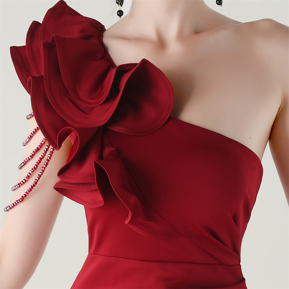 Women One-Shoulder Beaded Wool and Floral Satin Slit Sexy Evening Dress 77