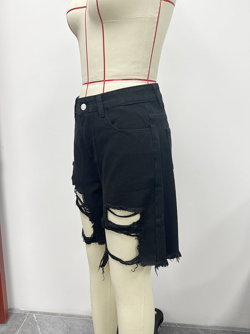 Summer Women's Denim Shorts Ripped Loose High Waist Knee-Length Shorts 25