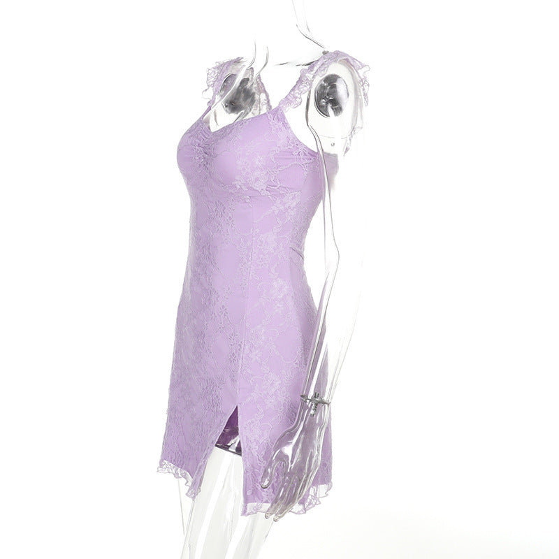 Women Strap Lace Patchwork Sexy Slit Dress 7