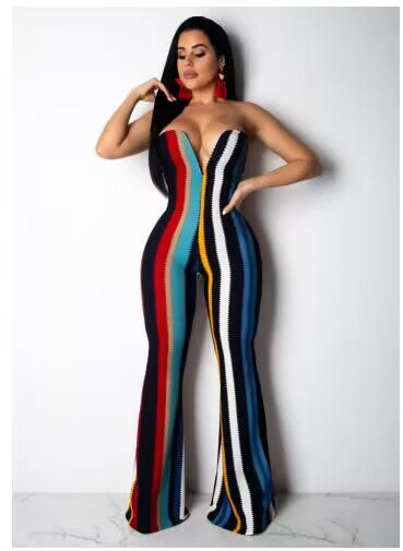 Sexy Stripe Printed Women's Strapless V-Neck Zjumpsuit
