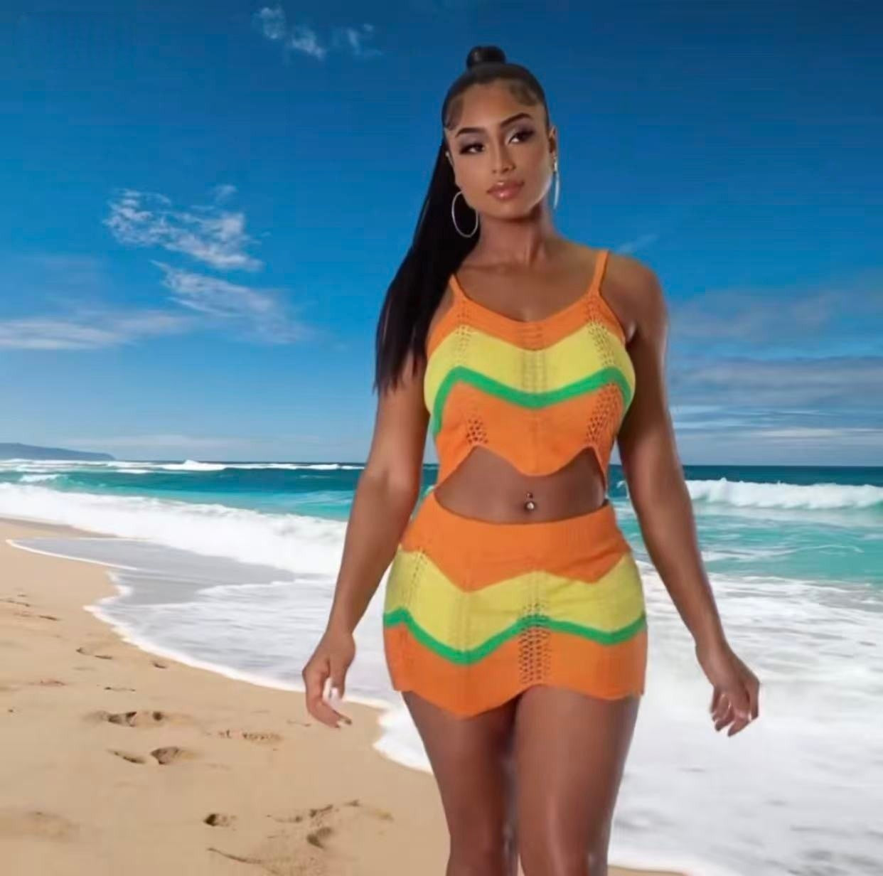 Women Holiday Multi-Color Knitting halter top and skirt with wavy pattern and hollowed-out lace. 4