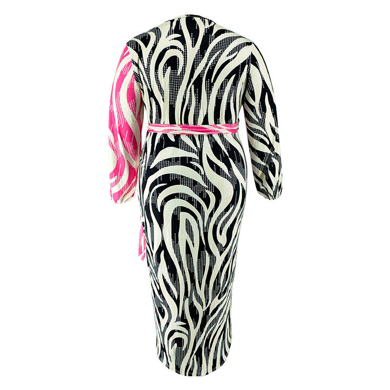 Plus Size Women Printed Two-Color Patchwork Lace-Up Irregular Sexy Dress 10