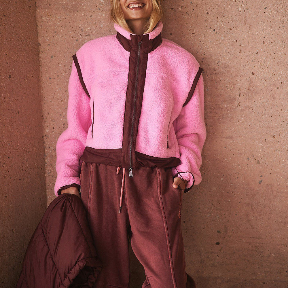 Women Stand Collar Outdoor Sherpa Cardigan Zip Jacket 9