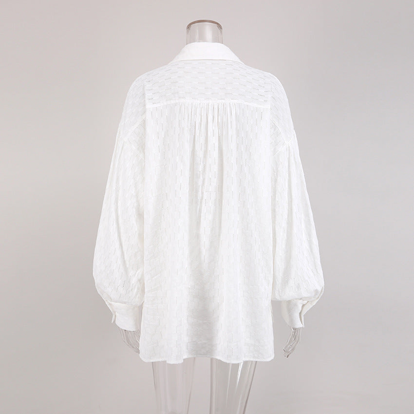 Summer Women Shirt Jacquard Puff Sleeve Top And Shorts Two-piece Set 25