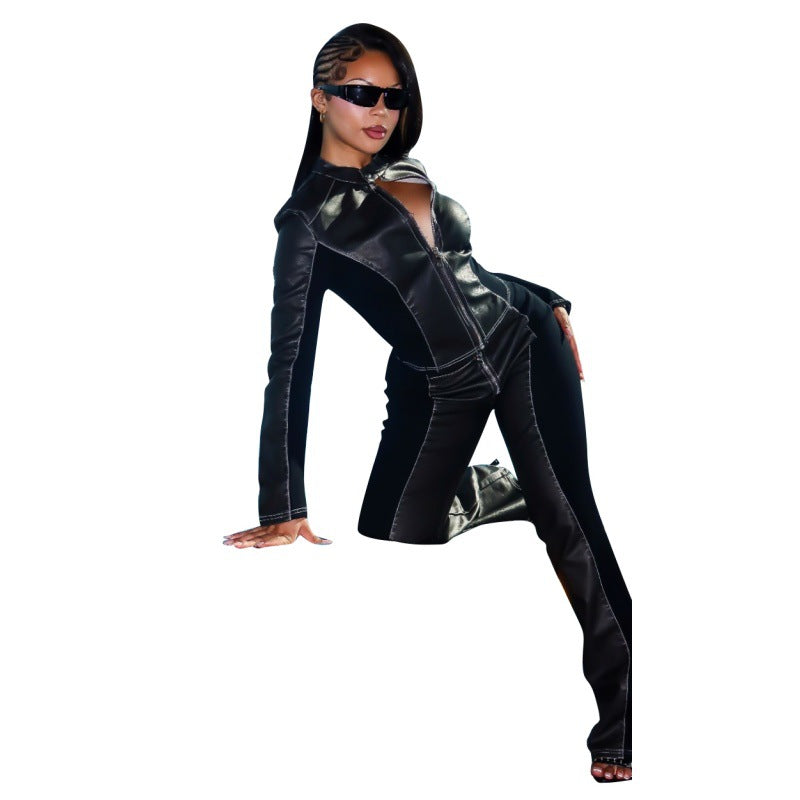 Women's Long Sleeve Casual Elastic PU Pants Set 9