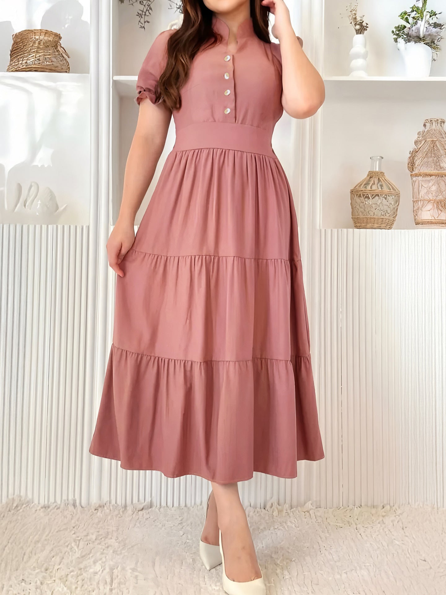 Women's Casual Short-Sleeve V-Neck Slim Waist Button A-Line Dress 3