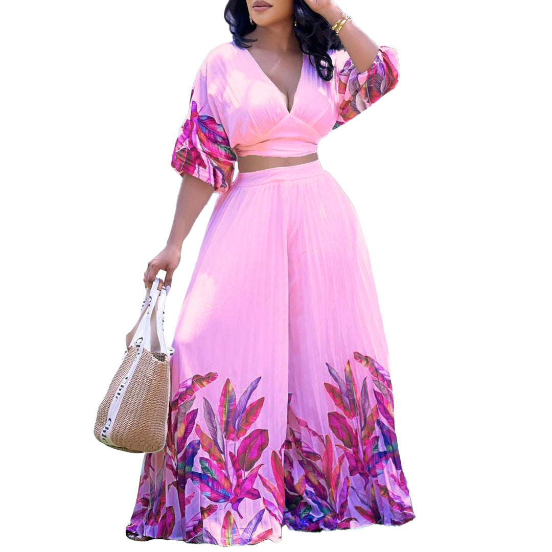 Women's Summer fashion v-neck printed top wide-leg pants two-piece suit 7