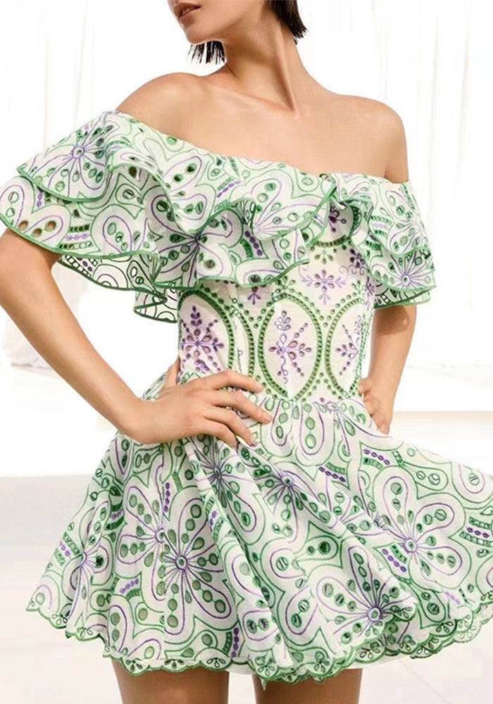Summer Off Shoulder ruffle embroidered lace Slim Waist Slim Fit Holidays style dress