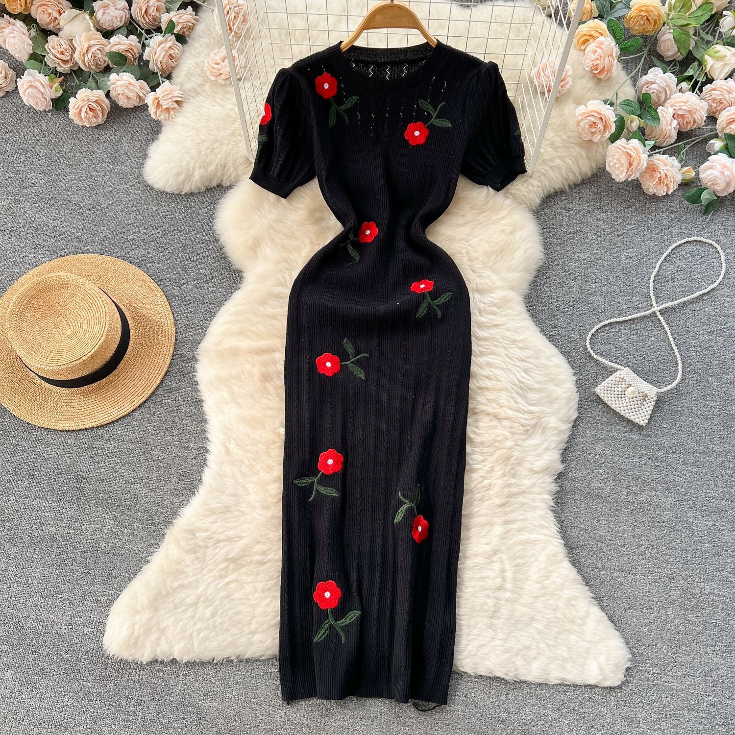 Summer Chic Embroidered Rose Short Sleeve Bodycon Knit Dress 4